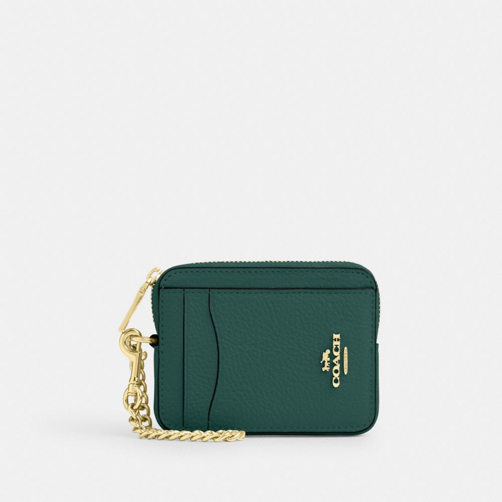 COACH®,Zip Card Case,Leather,Card Case,Coin,Wristlet,Gold Metal,Casual,Green,Front View