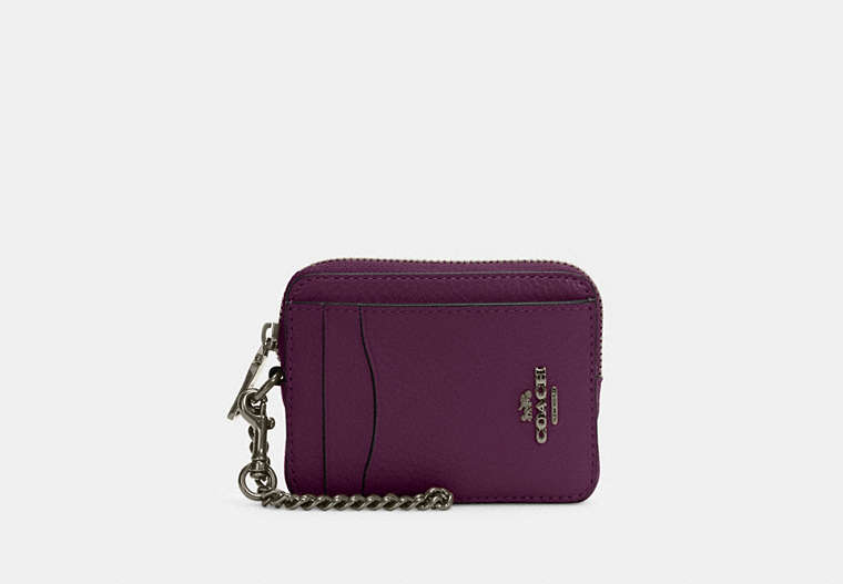 COACH®,ZIP CARD CASE,Pebbled Leather,Mini,Black Antique Nickel/Boysenberry,Front View