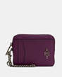 COACH®,ZIP CARD CASE,Pebbled Leather,Mini,Black Antique Nickel/Boysenberry,Front View