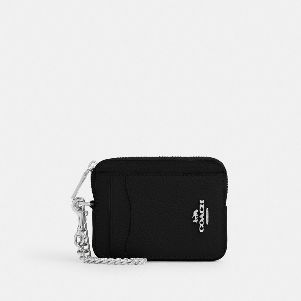 COACH®,Zip Card Case,Leather,Card Case,Coin,Wristlet,Gold Metal,Casual,Black,Front View