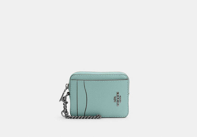 COACH®,ZIP CARD CASE,Pebbled Leather,Mini,Light Teal/Silver,Front View