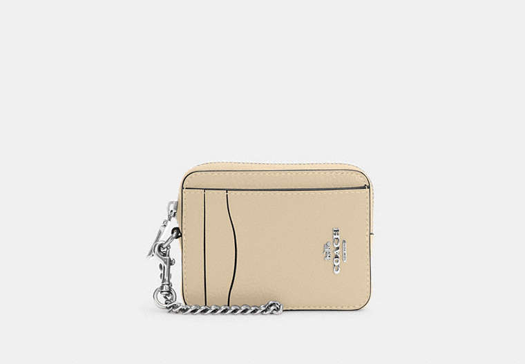 COACH®,ZIP CARD CASE,Pebbled Leather,Mini,Silver/Ivory,Front View