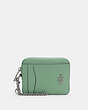 COACH®,ZIP CARD CASE,Pebbled Leather,Mini,Silver/Washed Green,Front View