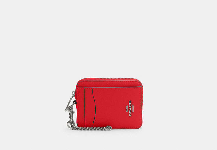 COACH®,ZIP CARD CASE,Pebbled Leather,Mini,Silver/Bright Poppy,Front View