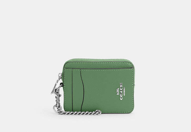 COACH®,ZIP CARD CASE,Pebbled Leather,Mini,Silver/Soft Green,Front View