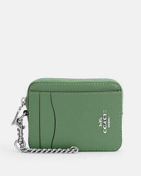 COACH®,ZIP CARD CASE,Pebbled Leather,Mini,Silver/Soft Green,Front View