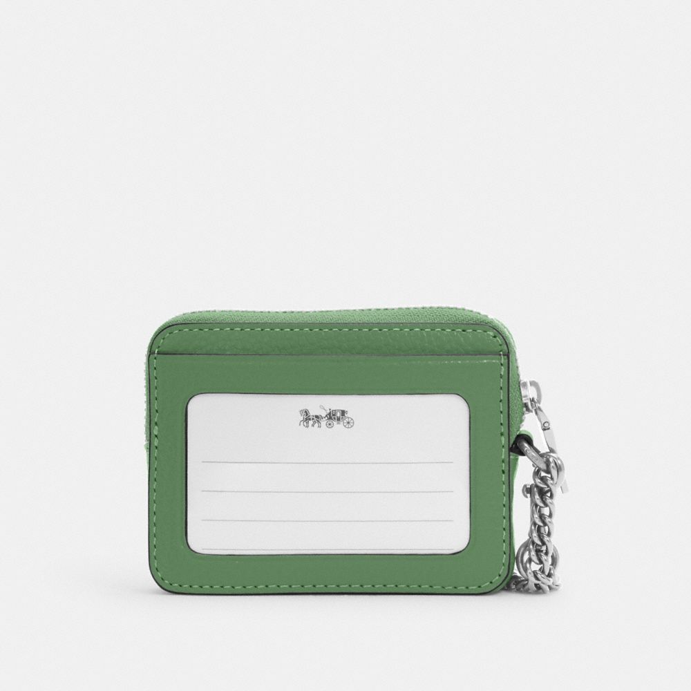 COACH®,ZIP CARD CASE,Pebbled Leather,Mini,Silver/Soft Green,Back View