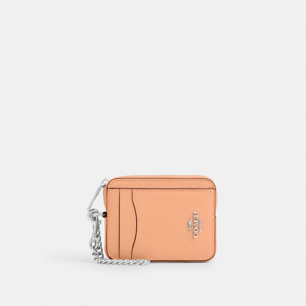 COACH®,ZIP CARD CASE,Pebbled Leather,Mini,Sv/Faded Blush,Front View