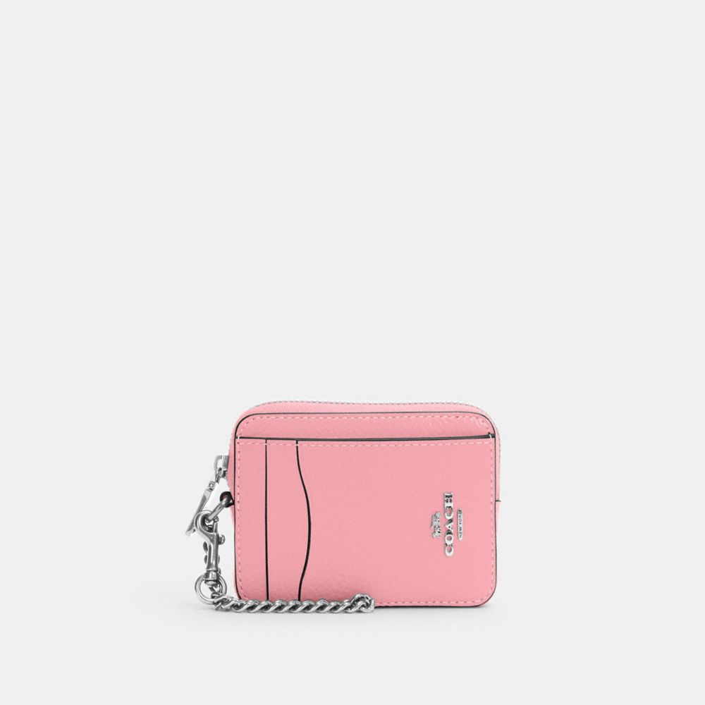 COACH®,ZIP CARD CASE,Pebbled Leather,Mini,Silver/Flower Pink,Front View