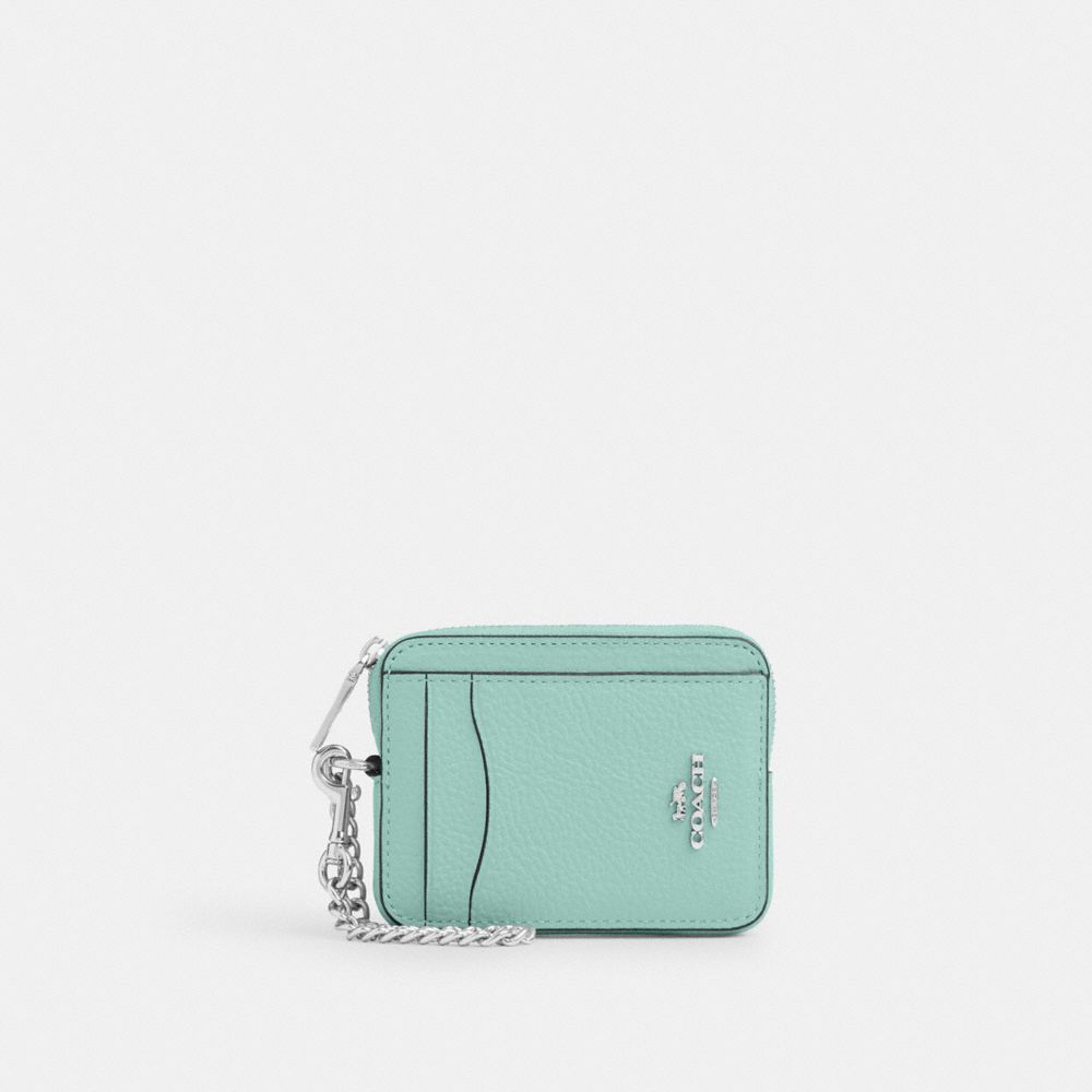 COACH®,ZIP CARD CASE,Pebbled Leather,Mini,Sv/Faded Blue,Front View