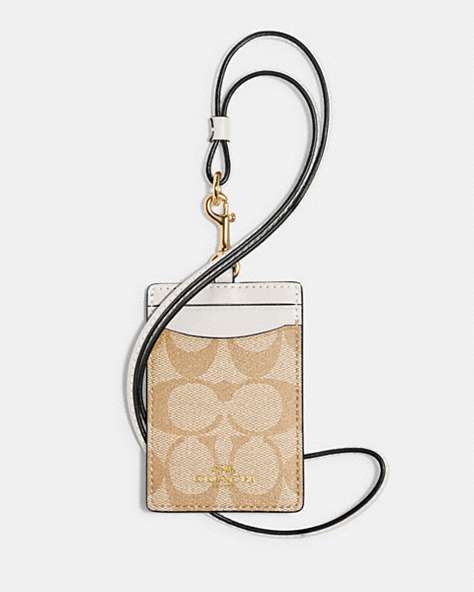 COACH®,ID LANYARD IN SIGNATURE CANVAS,pvc,Gold/Light Khaki Chalk,Front View