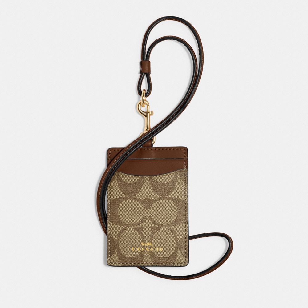 COACH®,ID LANYARD IN SIGNATURE CANVAS,Gold/Khaki Saddle 2,Front View