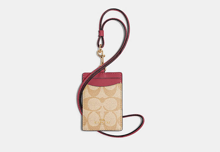 COACH®,ID LANYARD IN SIGNATURE CANVAS,pvc,Gold/Light Khaki Rouge,Front View