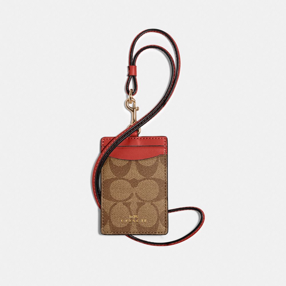 COACH®,ID LANYARD IN SIGNATURE CANVAS,Signature Canvas,Gold/Khaki Metallic Clay,Front View