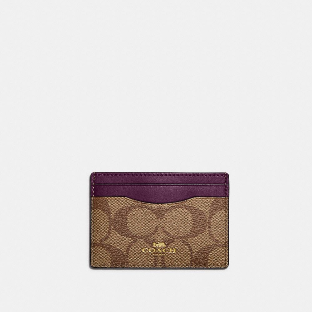 COACH®,CARD CASE IN SIGNATURE CANVAS,Signature Coated Canvas,Mini,Im/Khaki/Boysenberry,Front View