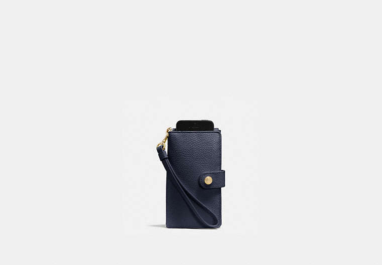 COACH®,PHONE CLUTCH IN PEBBLE LEATHER,Leather,Light Gold/Navy,Front View