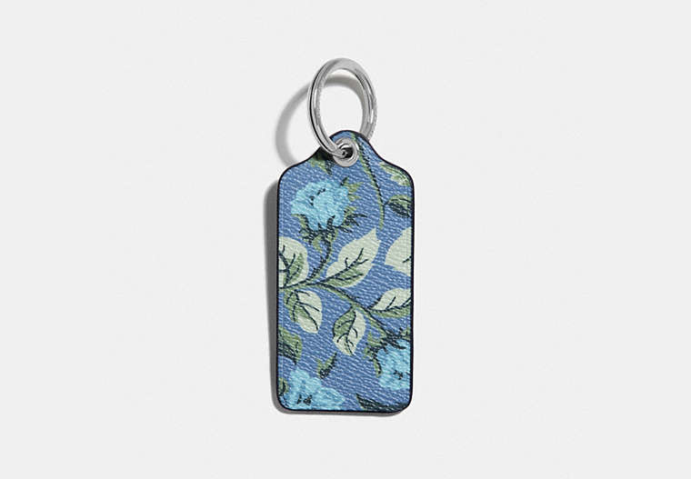 COACH®,HANGTAG WITH FLORAL PRINT,Leather,Silver/Lapis,Front View