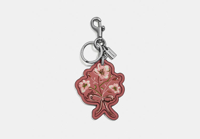 COACH®,FLORAL BOW BAG CHARM,Leather,Silver/Bright Coral,Front View