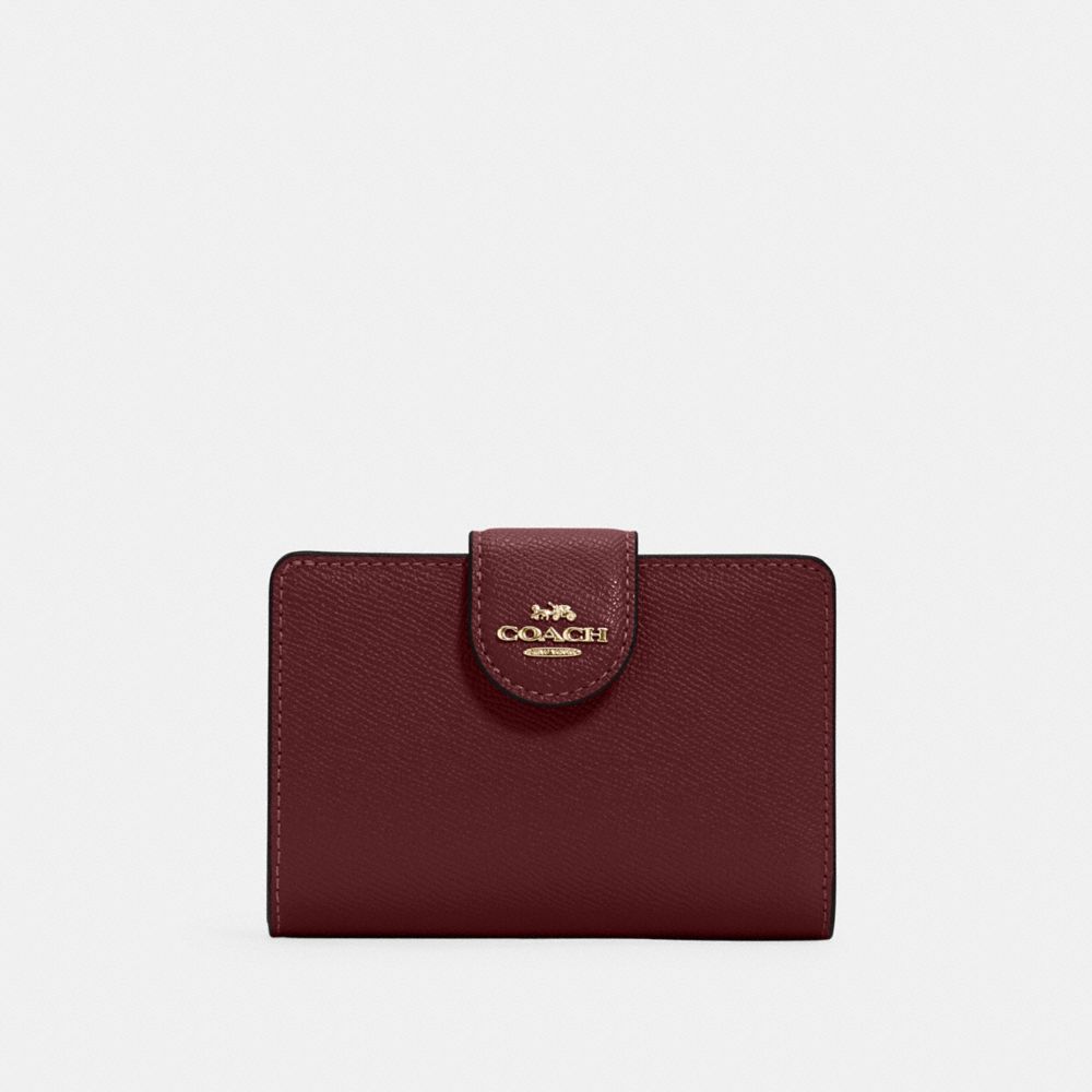 COACH®,MEDIUM CORNER ZIP WALLET,Crossgrain Leather,Mini,Gold/Black Cherry,Front View