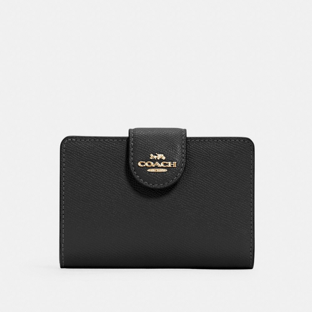 COACH®,MEDIUM CORNER ZIP WALLET,Crossgrain Leather,Mini,Gold/Black,Front View