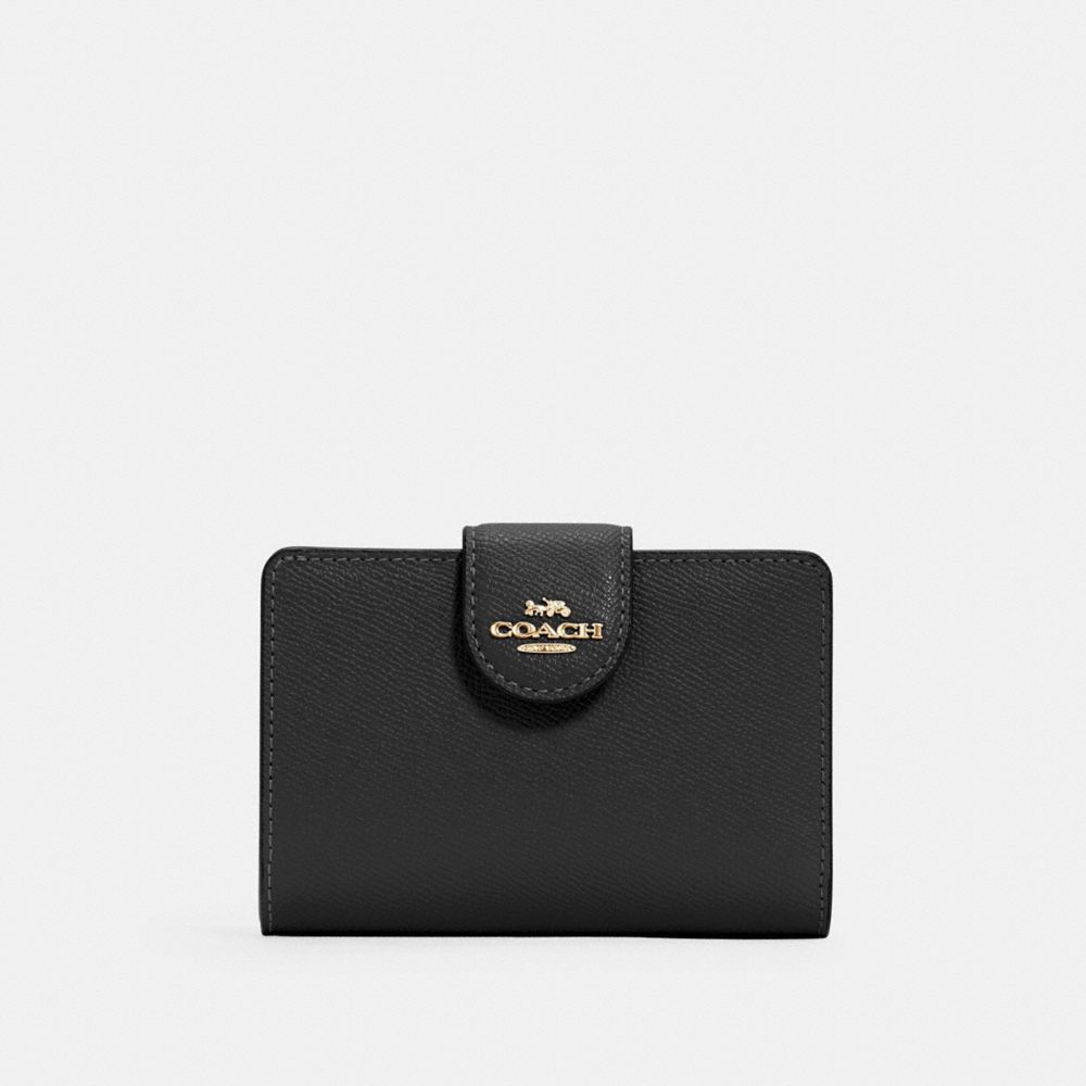 COACH®,MEDIUM CORNER ZIP WALLET,Crossgrain Leather,Mini,Gold/Black,Front View