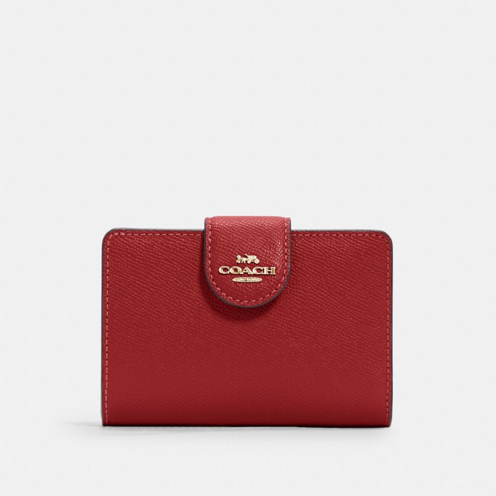 COACH®,MEDIUM CORNER ZIP WALLET,Crossgrain Leather,Mini,Gold/1941 Red,Front View