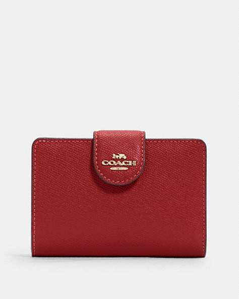 COACH®,MEDIUM CORNER ZIP WALLET,Leather,Gold/1941 Red,Front View