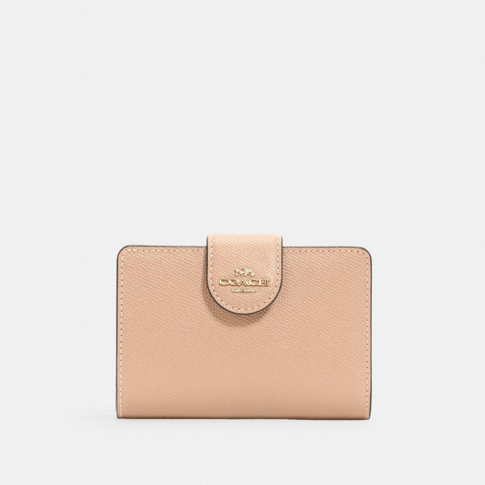 COACH®,MEDIUM CORNER ZIP WALLET,Crossgrain Leather,Mini,Gold/Taupe,Front View