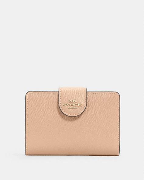COACH®,MEDIUM CORNER ZIP WALLET,Leather,Gold/Taupe,Front View