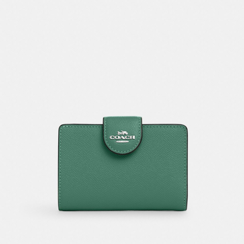 COACH®,MEDIUM CORNER ZIP WALLET,Crossgrain Leather,Mini,Silver/Bright Green,Front View