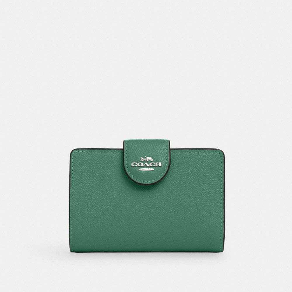 COACH®,PORTEFEUILLE À ZIP EN COIN DE TAILLE MOYENNE,Cuir,Argent/Vert vif,Front View