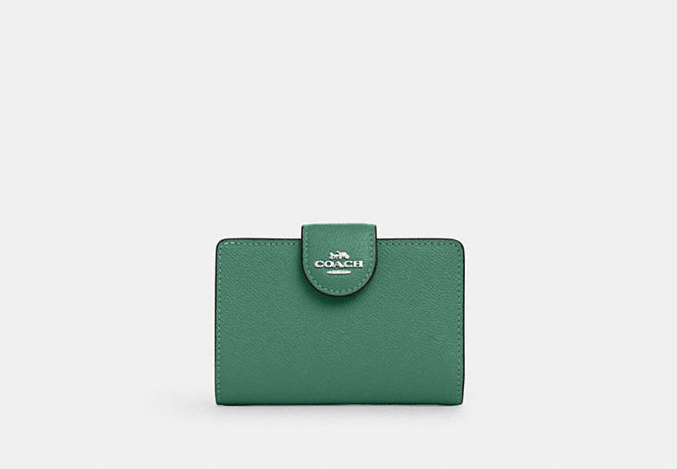 COACH®,MEDIUM CORNER ZIP WALLET,Leather,Mini,Silver/Bright Green,Front View