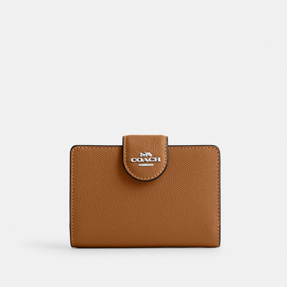 COACH®,MEDIUM CORNER ZIP WALLET,Crossgrain Leather,Mini,Silver/Light Saddle,Front View