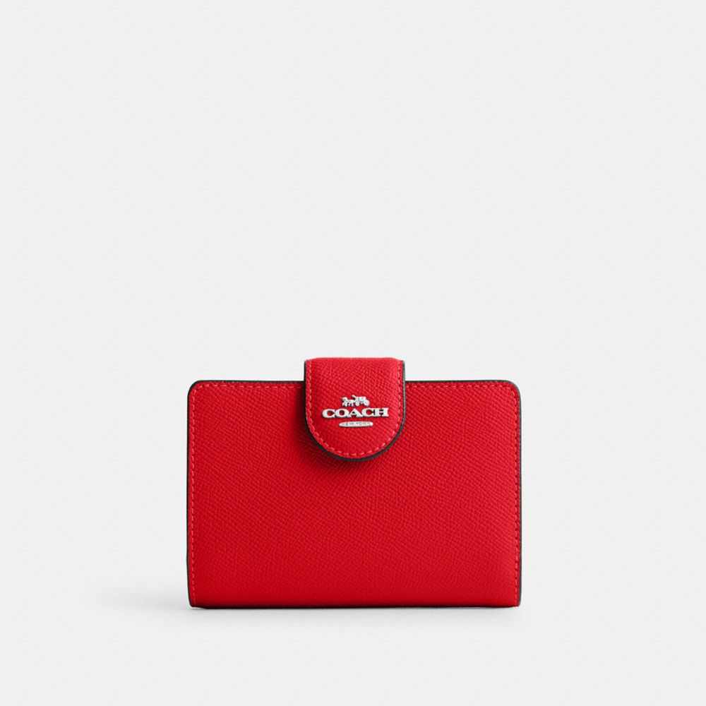 COACH®,MEDIUM CORNER ZIP WALLET,Crossgrain Leather,Mini,Silver/Bright Poppy,Front View