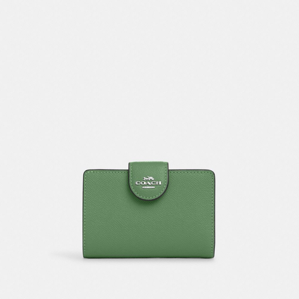 COACH®,MEDIUM CORNER ZIP WALLET,Crossgrain Leather,Mini,Silver/Soft Green,Front View