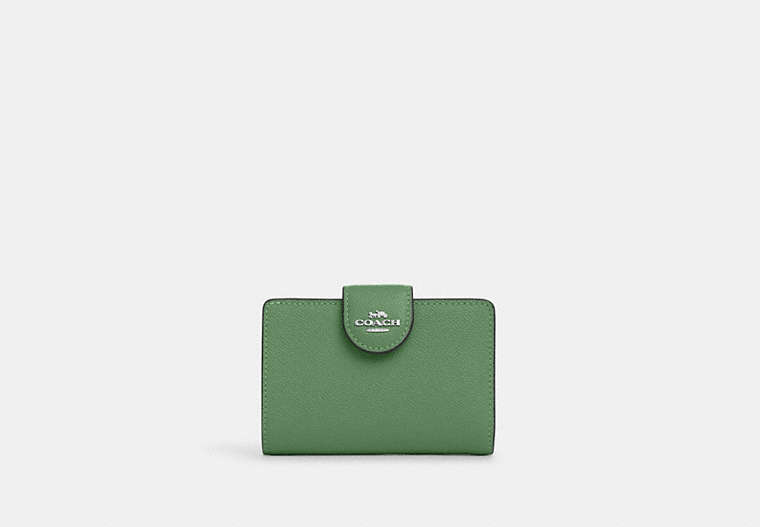 COACH®,MEDIUM CORNER ZIP WALLET,Leather,Mini,Silver/Soft Green,Front View