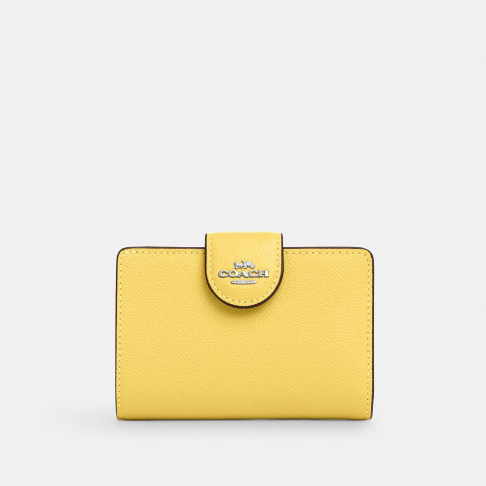 COACH®,MEDIUM CORNER ZIP WALLET,Crossgrain Leather,Mini,Silver/Retro Yellow,Front View