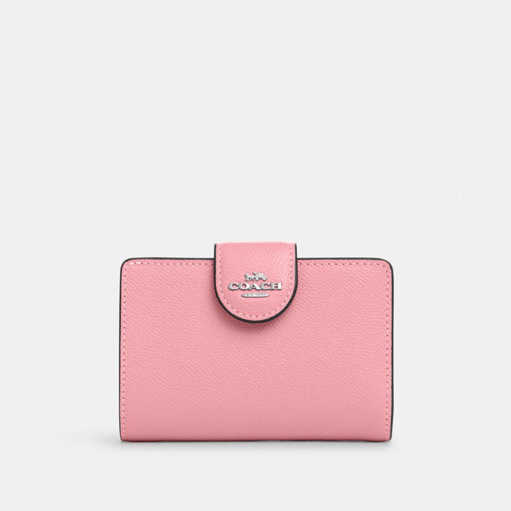 COACH®,MEDIUM CORNER ZIP WALLET,Crossgrain Leather,Mini,Silver/Flower Pink,Front View