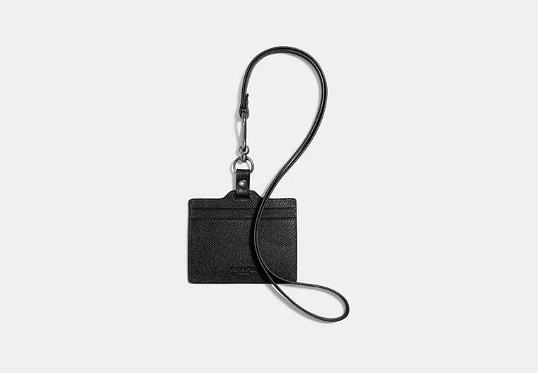 COACH®,ID LANYARD IN CROSSGRAIN LEATHER,Leather,Black,Front View