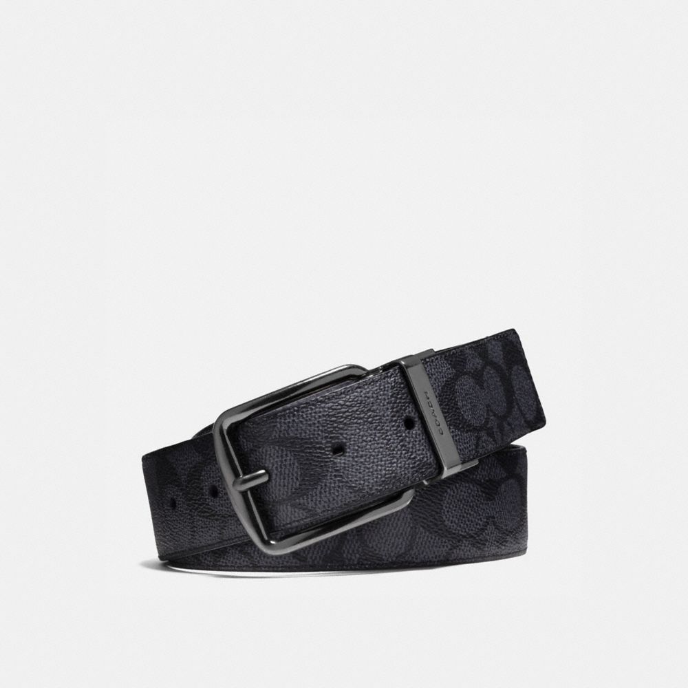 COACH®,CEINTURE RÉVERSIBLE SUR MESURE À BOUCLE HARNESS, 38 MM,Toile enduite,Charbon/Noir,Front View