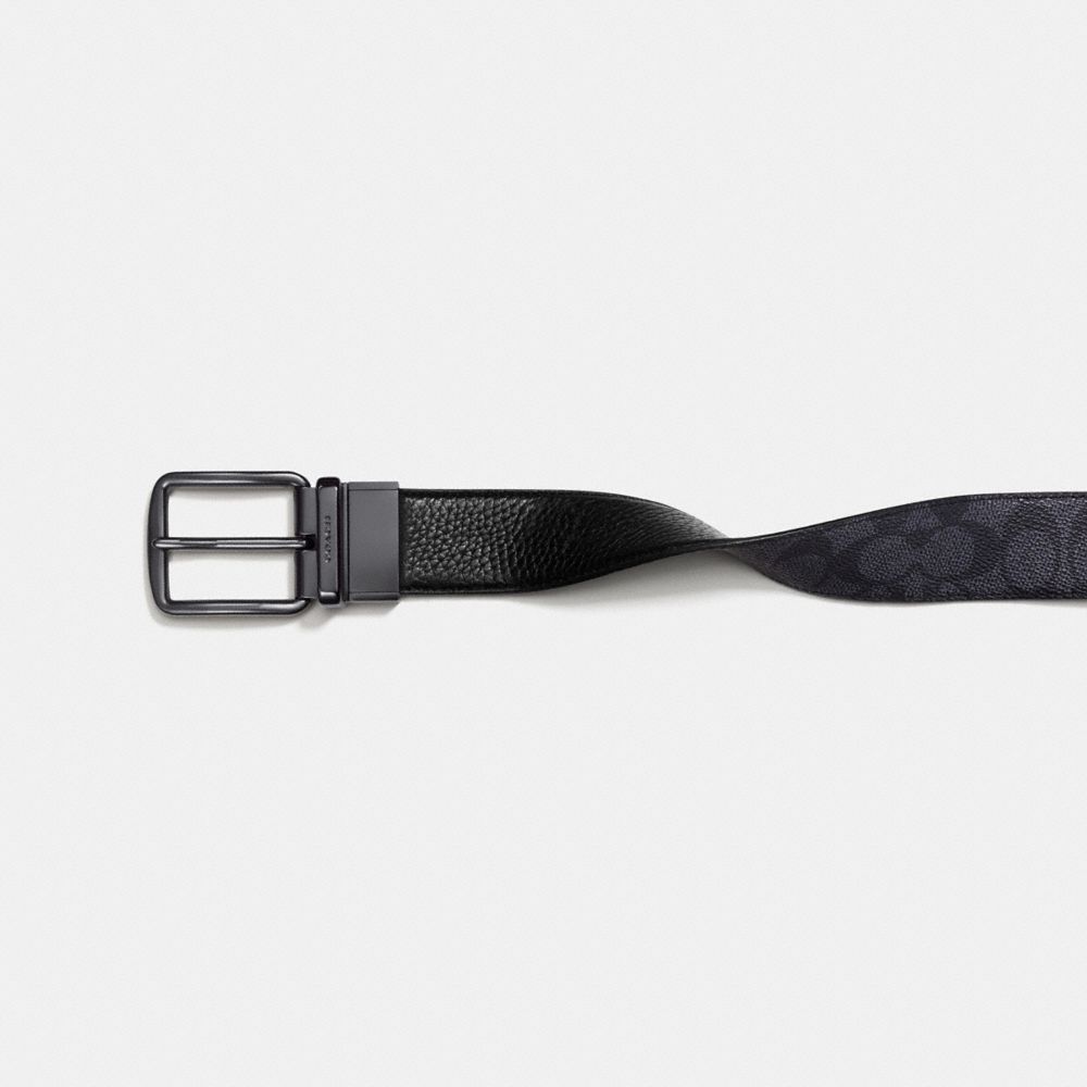 COACH®,HARNESS BUCKLE CUT-TO-SIZE REVERSIBLE BELT, 38MM,Coated Canvas,Charcoal/Black,Angle View