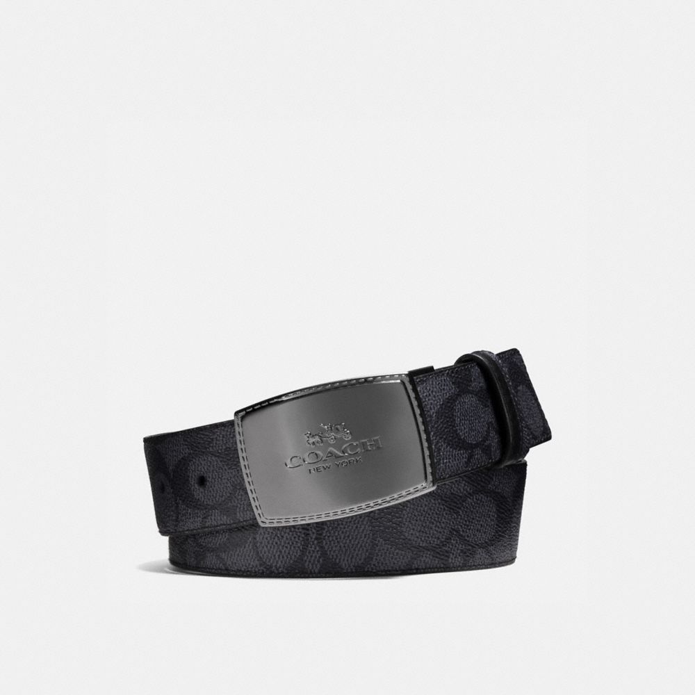 COACH®,STITCHED PLAQUE BUCKLE CUT-TO-SIZE REVERSIBLE BELT, 38MM,Logo,Charcoal/Black,Front View