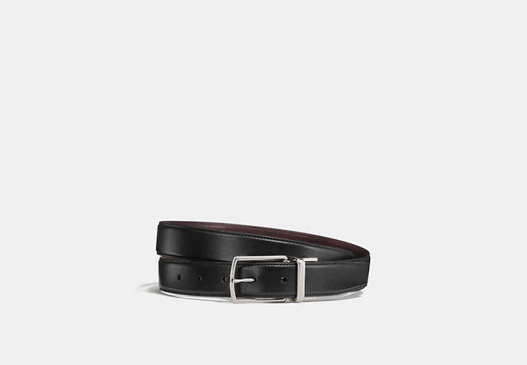 COACH®,HARNESS BUCKLE CUT-TO-SIZE REVERSIBLE BELT, 38MM,Leather,Black Dark Brown,Front View