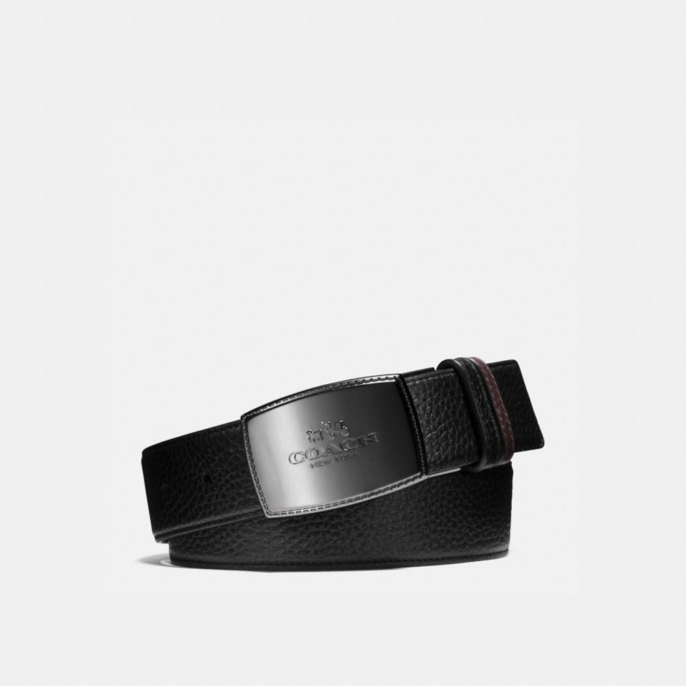 COACH®,STITCHED PLAQUE BUCKLE CUT-TO-SIZE REVERSIBLE BELT, 38MM,Leather,Black/Mahogany,Front View