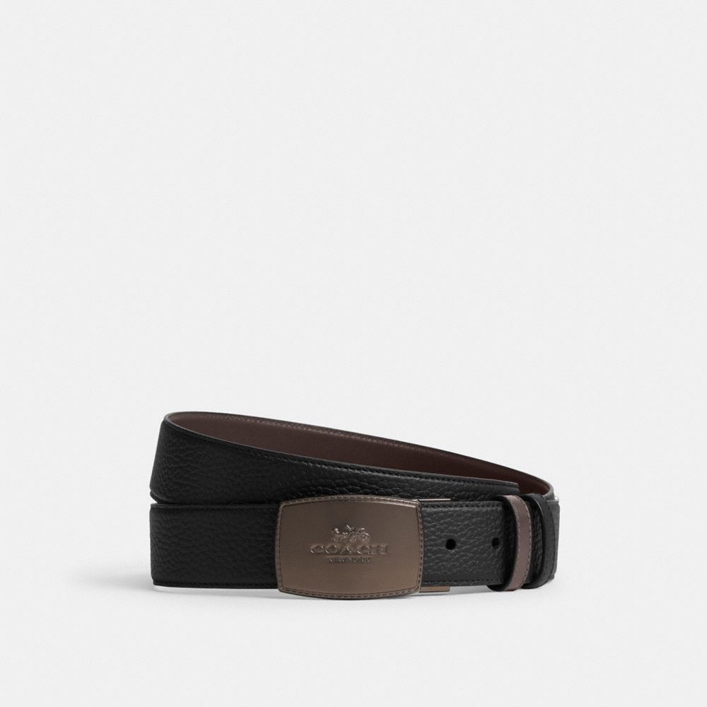 COACH®,STITCHED PLAQUE BUCKLE CUT-TO-SIZE REVERSIBLE BELT, 38MM,Leather,Black/Maple,Front View