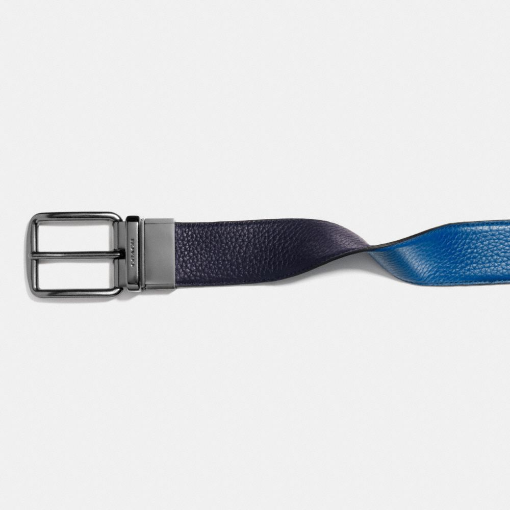 COACH®,HARNESS BUCKLE CUT-TO-SIZE REVERSIBLE BELT, 38MM,Leather,Denim Midnight,Angle View