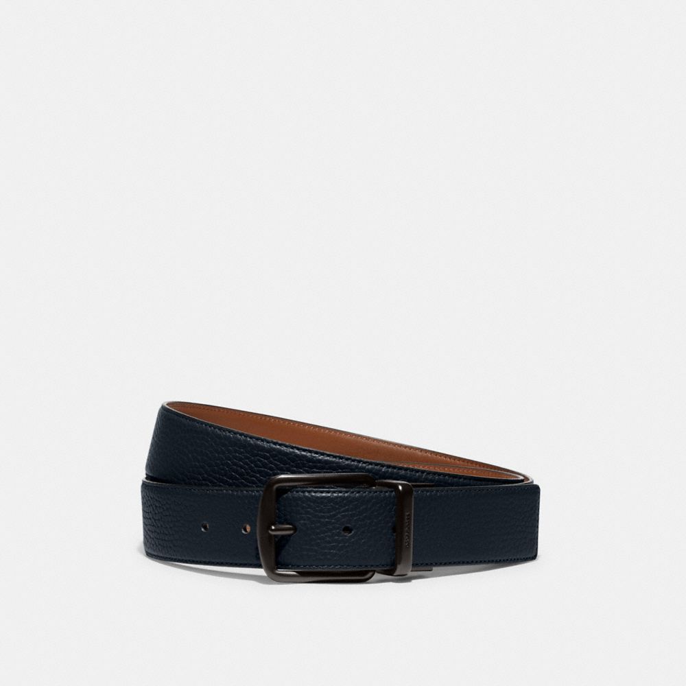 COACH®,HARNESS BUCKLE CUT-TO-SIZE REVERSIBLE BELT, 38MM,Leather,Midnight Navy/Saddle,Front View