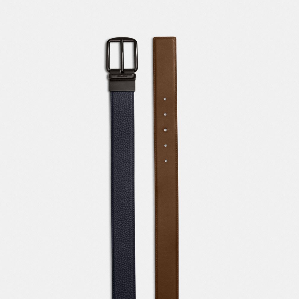 COACH®,HARNESS BUCKLE CUT-TO-SIZE REVERSIBLE BELT, 38MM,Leather,Midnight Navy/Saddle,Angle View