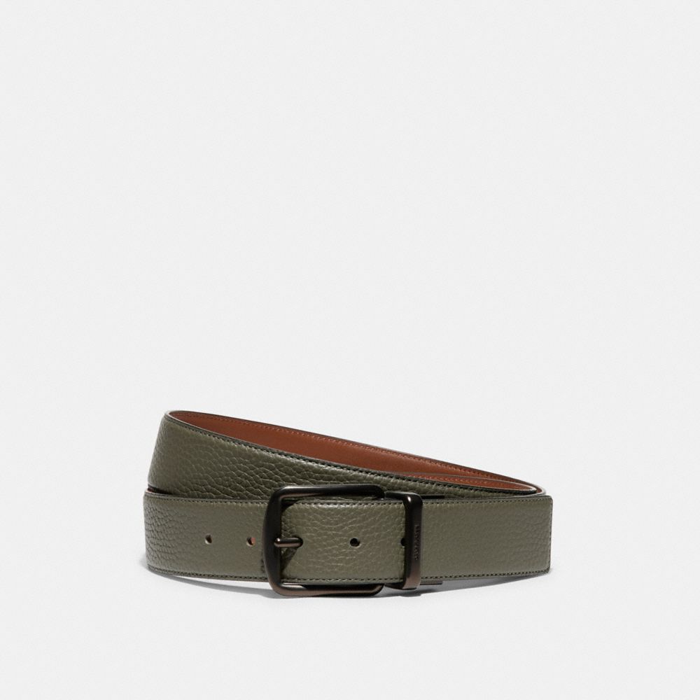 COACH®,Harness Buckle Cut To Size Reversible Belt, 38 Mm,Standard,Logo,Engraved Detail,Reversible,Gunmetal,Work,Casual,Olive,Front View