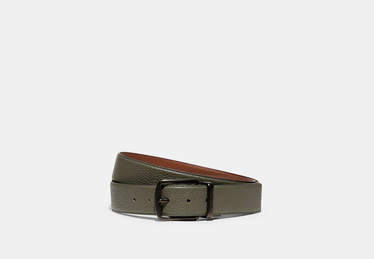 COACH®,HARNESS BUCKLE CUT-TO-SIZE REVERSIBLE BELT, 38MM,Leather,Army Green/Saddle,Front View